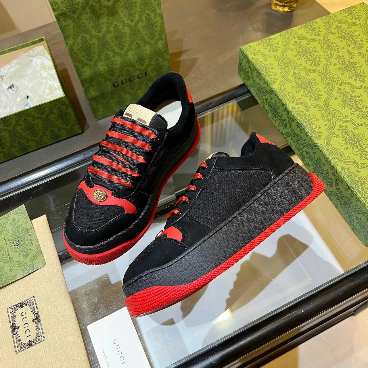 Gucci Black Red Platform Sole Suede And Coated Canvas Upper Chunky Sneakers 9