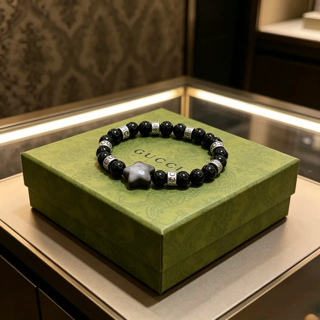 Gucci Black Silver Beaded Star Charm Bracelet 2
