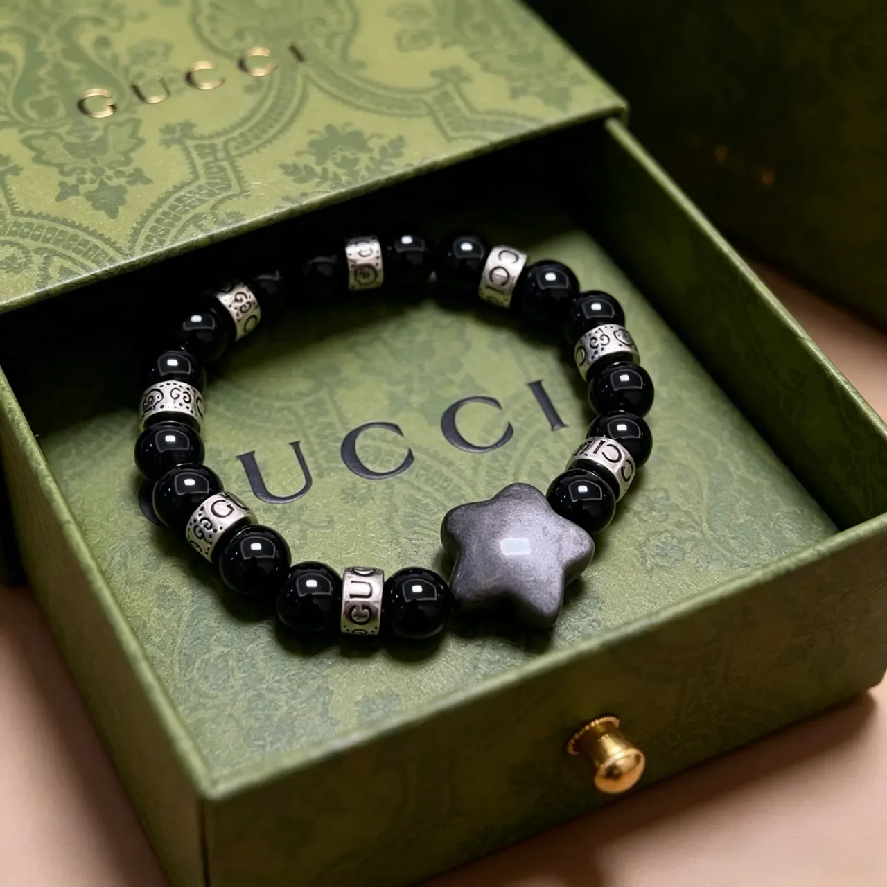 Gucci Black Silver Beaded Star Charm Bracelet 9
