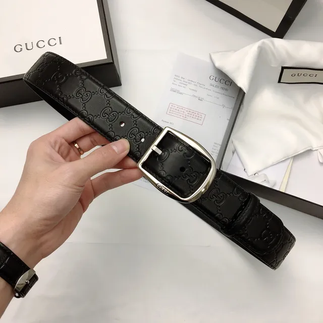 Gucci Black Silver Embossed GG Monogram Rectangular Buckle Leather Belt 5