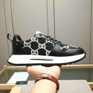 Gucci Noir Blanc GG Brodé Maille Et Cuir Semelle Plateforme Épaisse Chaussures Lifestyle
