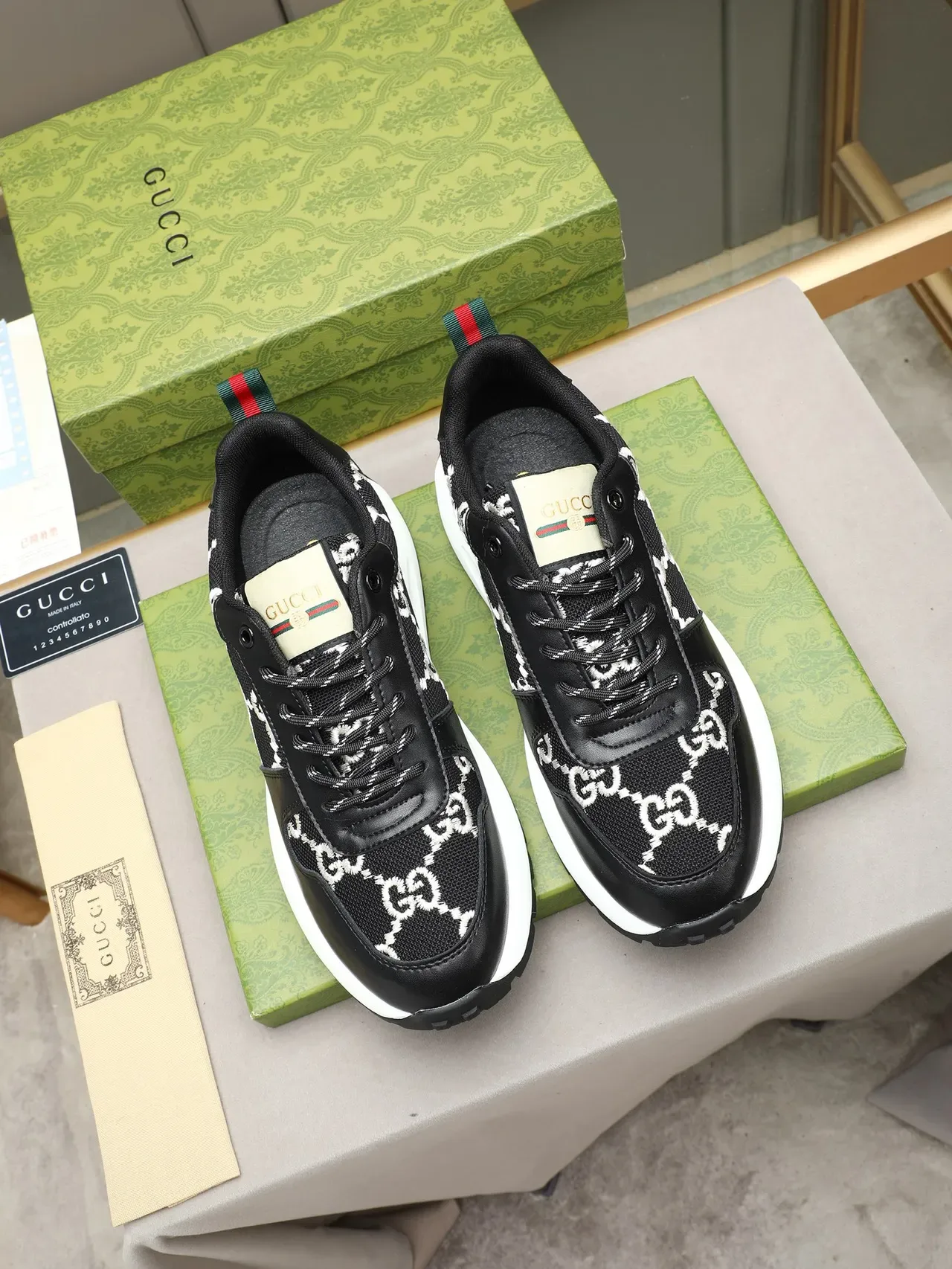 Gucci Black White GG-Embroidered Mesh And Leather Upper Thick Platform Sole Lifestyle Sneakers 3
