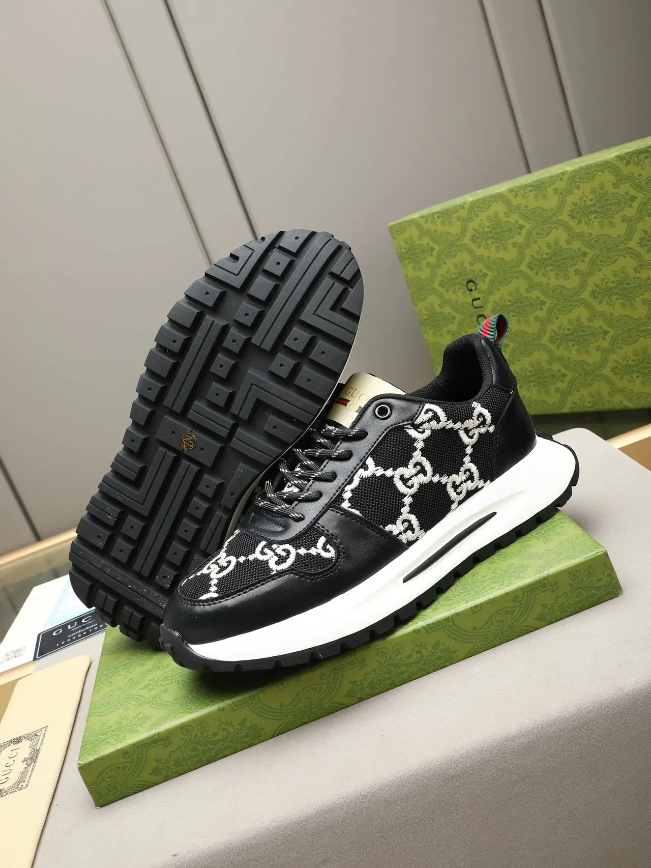 Gucci Black White GG-Embroidered Mesh And Leather Upper Thick Platform Sole Lifestyle Sneakers 5