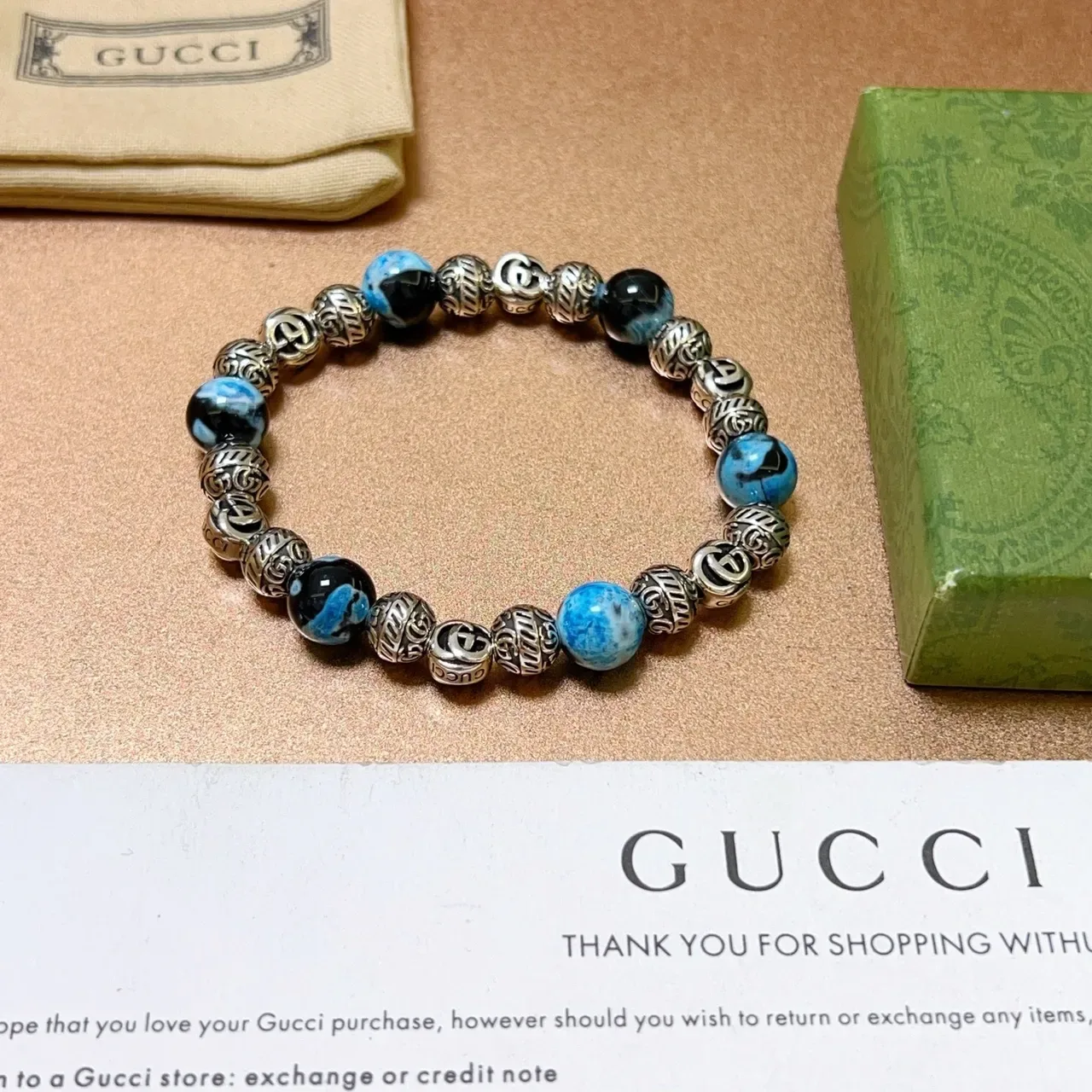 Gucci Blue Black Beaded Marbled Stone Bracelet 3
