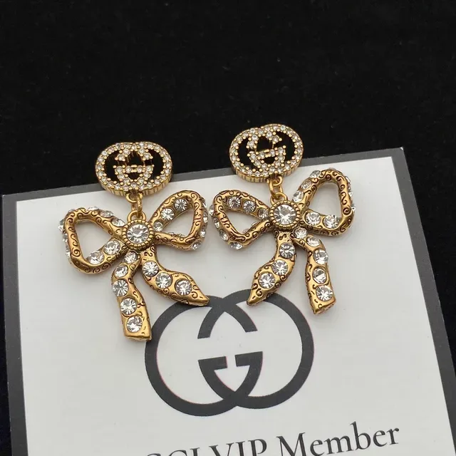 أقراط Gucci Bow Crystal-Embellished ذهبي 2