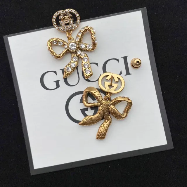 أقراط Gucci Bow Crystal-Embellished ذهبي 3
