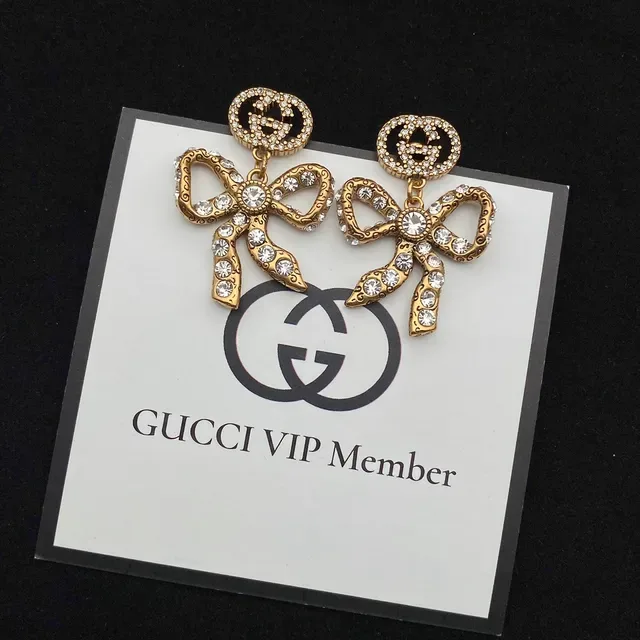 أقراط Gucci Bow Crystal-Embellished ذهبي 4
