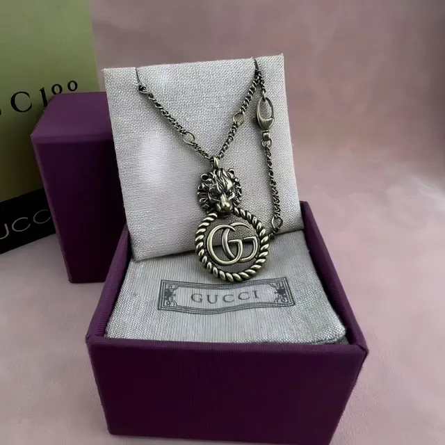 Gucci Dionysus Prata Roxo Motivos Cabeça de Leão Interlocking GG Logo Colar 8