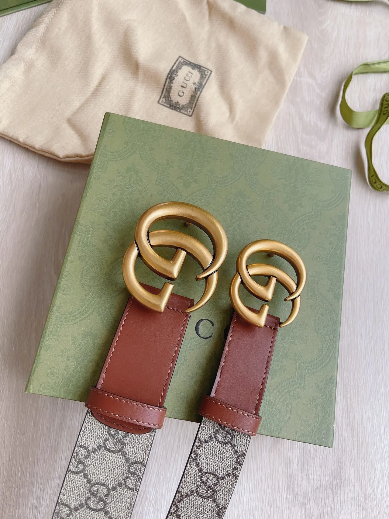 Gucci Double G Belt Beige Gray Brown Leather Belt 2