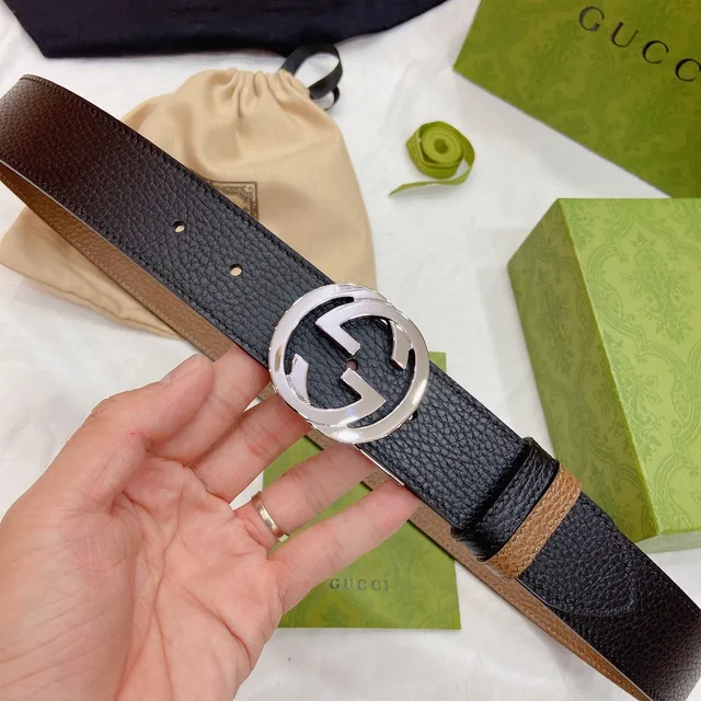 Gucci Double G Interlocking G ceinture en cuir noir et marron 4