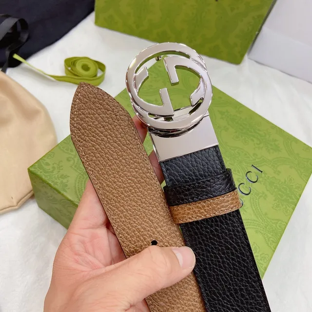 Gucci Double G Interlocking G ceinture en cuir noir et marron 6