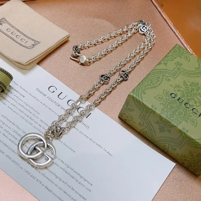 Gucci Double G Interlocking Logo Silver Chain Necklace 4