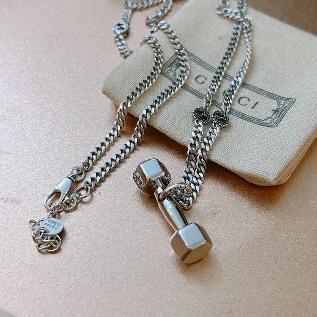 Gucci Dumbbell Pendant Silver Curb Chain Necklace 4