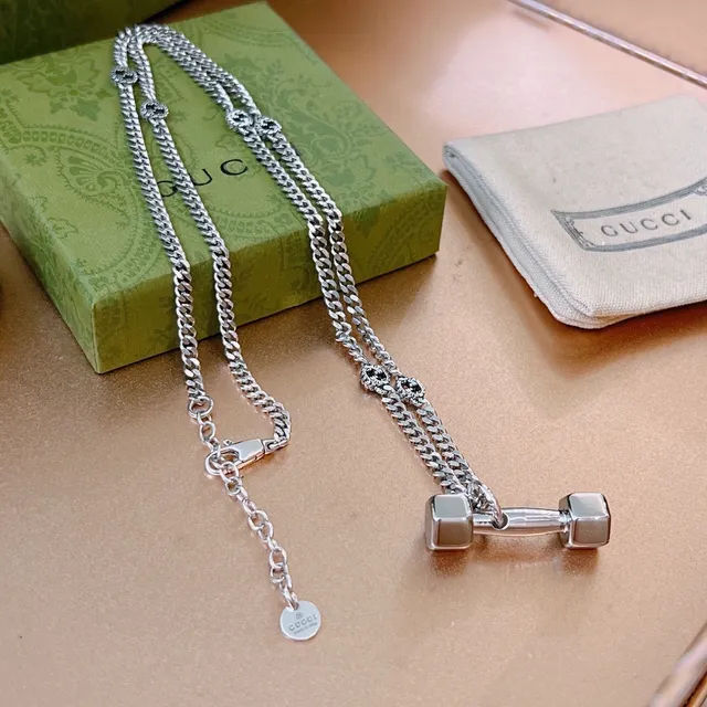 Gucci Dumbbell Pendant Silver Curb Chain Necklace 8