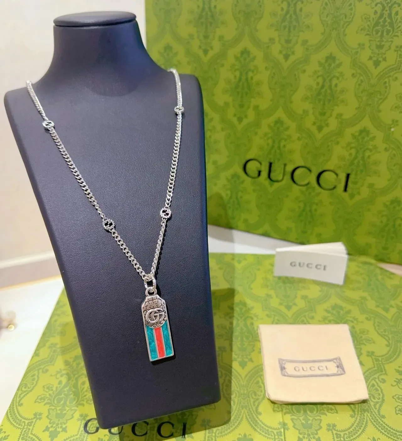 Gucci Enamel Stripe Interlocking G Pendant Necklace 4