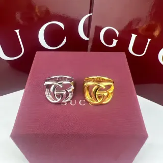 Gucci GG Interlocking 双G 银金色 粗犷雕塑 宽带戒指