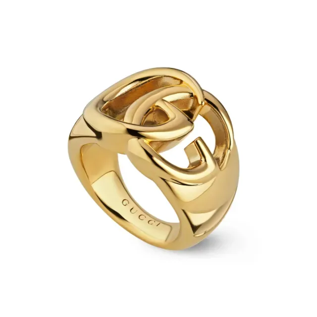 Gucci GG Interlocking 双G 银金色 粗犷雕塑 宽带戒指 4