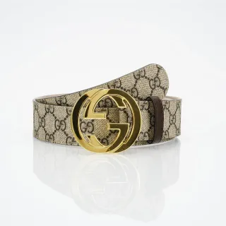 गुचि GG मार्मोंट बेज और काला GG Monogram चर्म बेल्ट