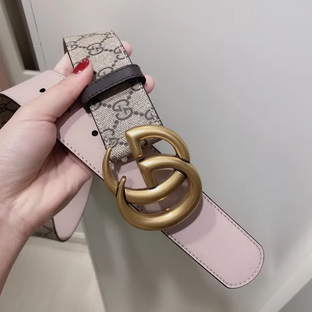 Gucci GG Marmont 米色印花帆布皮革腰带 3