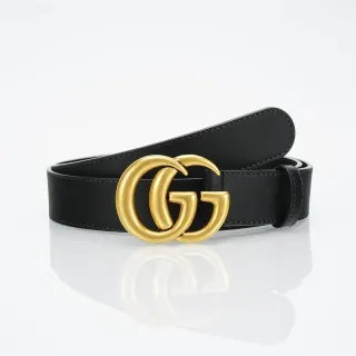 Gucci GG Marmont Preto Dourado Interlocking Double G Fivela Cinto de Couro Liso