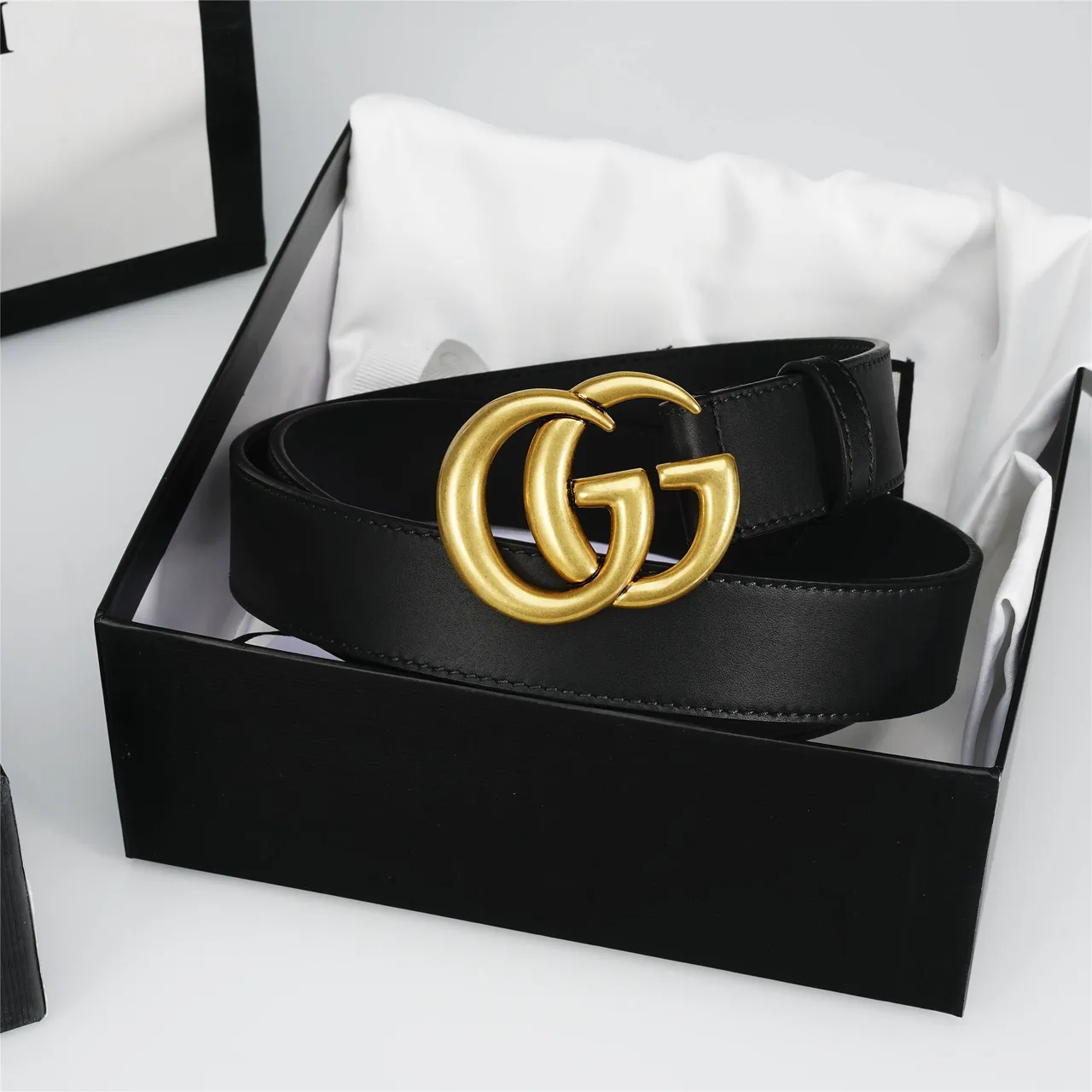 Gucci GG Marmont Black Gold Interlocking Double G Buckle Smooth Leather Belt 5