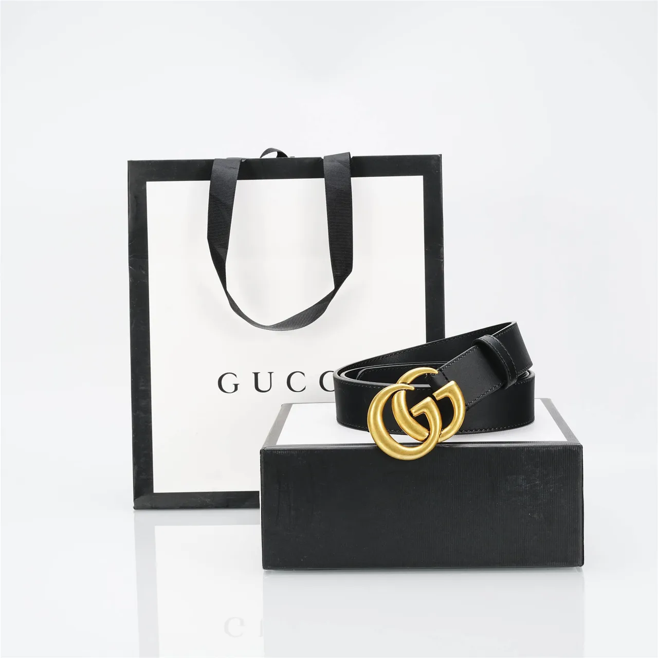 Gucci GG Marmont Black Gold Interlocking Double G Buckle Smooth Leather Belt 9