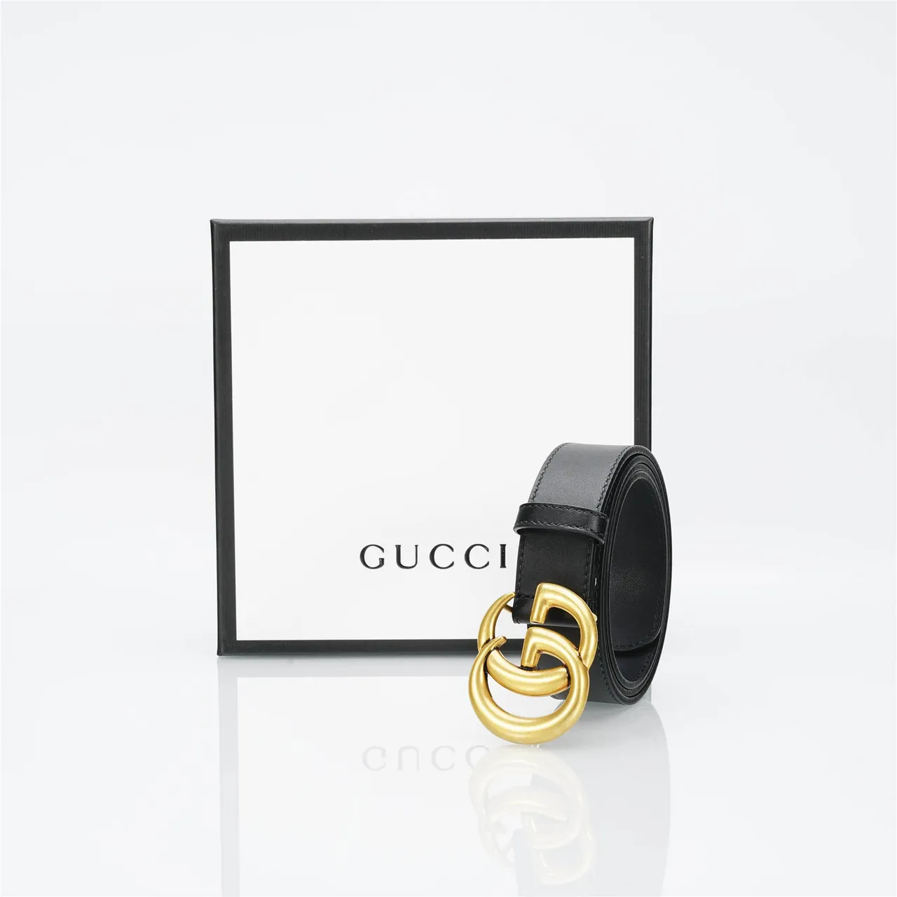 Gucci GG Marmont Black Gold Interlocking Double G Buckle Smooth Leather Belt 10