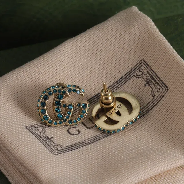 Gucci GG Marmont Blue Crystal Interlocking G Stud Earrings 3