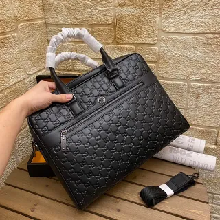 Gucci GG Marmont Briefcase Black Silver Monogram Embossed Leather Handbag