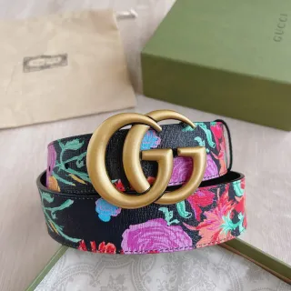 Gucci GG Marmont Floral-Print Black Leather Belt
