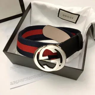 गुच्ची GG Marmont नेवी रेड Interlocking G Buckle Web Stripe चमड़े की बेल्ट