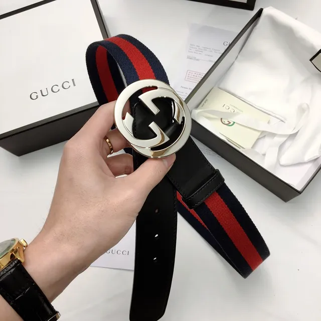 Gucci GG Marmont Navy Red Interlocking G Buckle Web Stripe Leather Belt 6