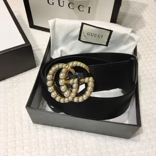 Gucci GG Marmont मोती-जड़ित सोने का स्वर्ण टोन काला चमड़ा पट्टा