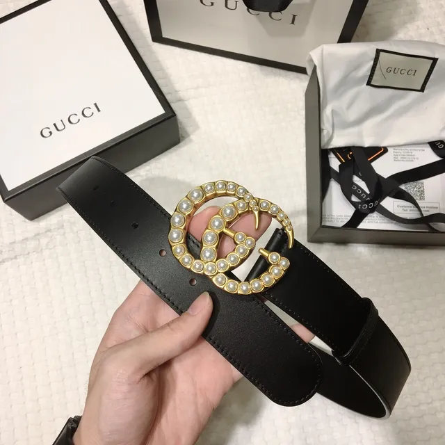 Gucci GG Marmont Ceinture en cuir noir ornée de perles dorées 6