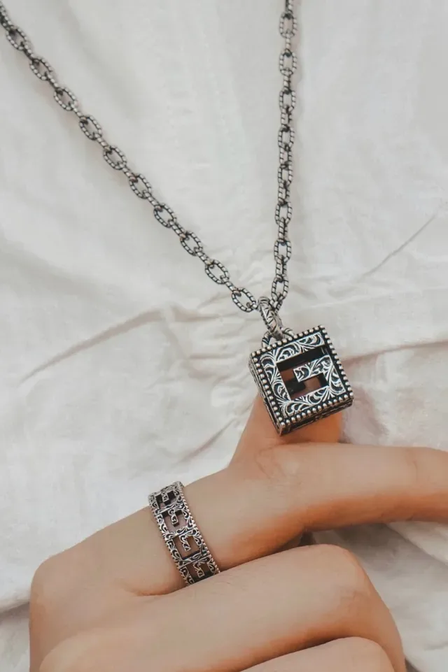 Gucci GG Marmont Silver Black Square Pendant Interlocking G Motif Necklace 2