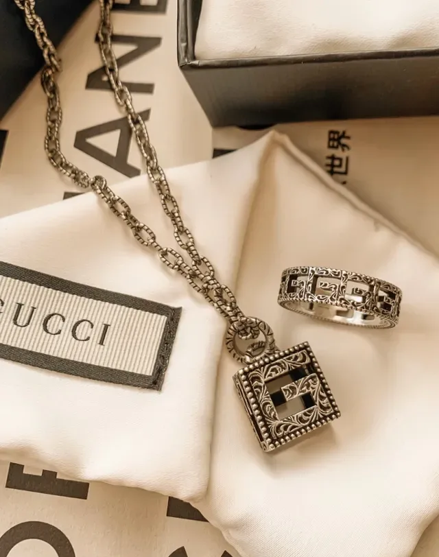 Gucci GG Marmont Silver Black Square Pendant Interlocking G Motif Necklace 3