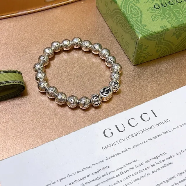 Gucci GG Marmont Silver Filigree-Engraved Beads Bracelet 4