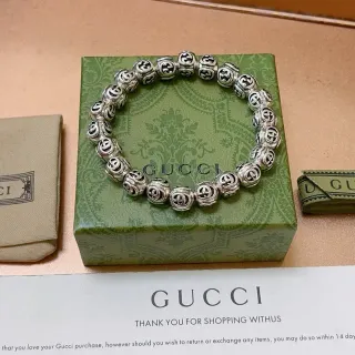 Gucci GG Marmont Silver Green Spherical Beads Interlocking G Motif Bracelet