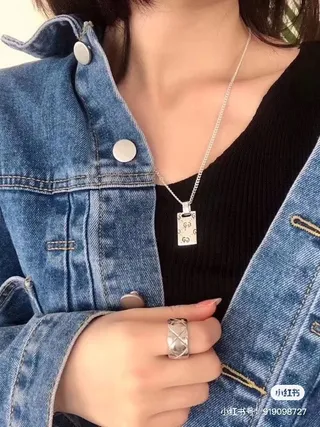 Gucci GG Marmont Silver White Rectangular Pendant Interlocking Motif Necklace 2