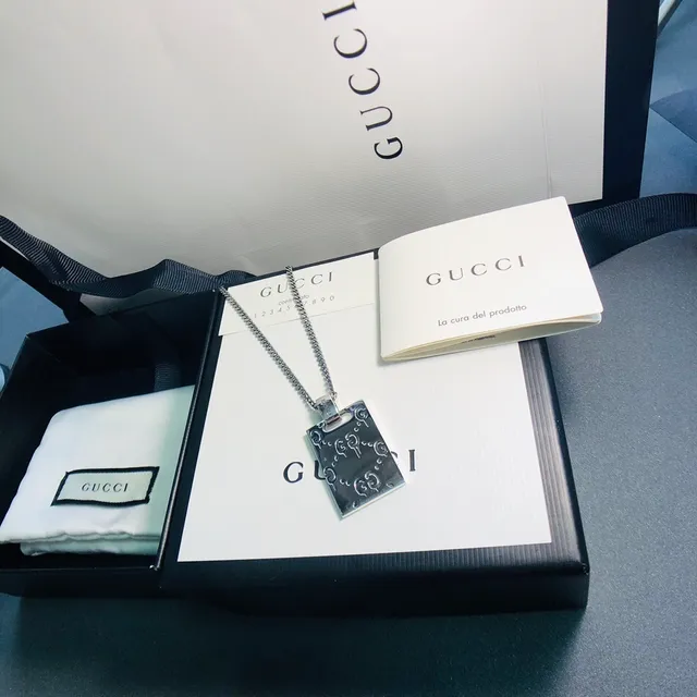 Gucci GG Marmont Silver White Rectangular Pendant Interlocking Motif Necklace 8