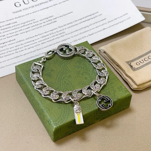 Gucci GG Marmont فضي أصفر مزخرف منحوت سلسلة كيرب لينك أنماط G متشابكة سوار 9