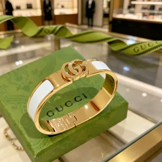 Gucci GG Marmont White Enamel Gold-Tone Hinged Bracelet
