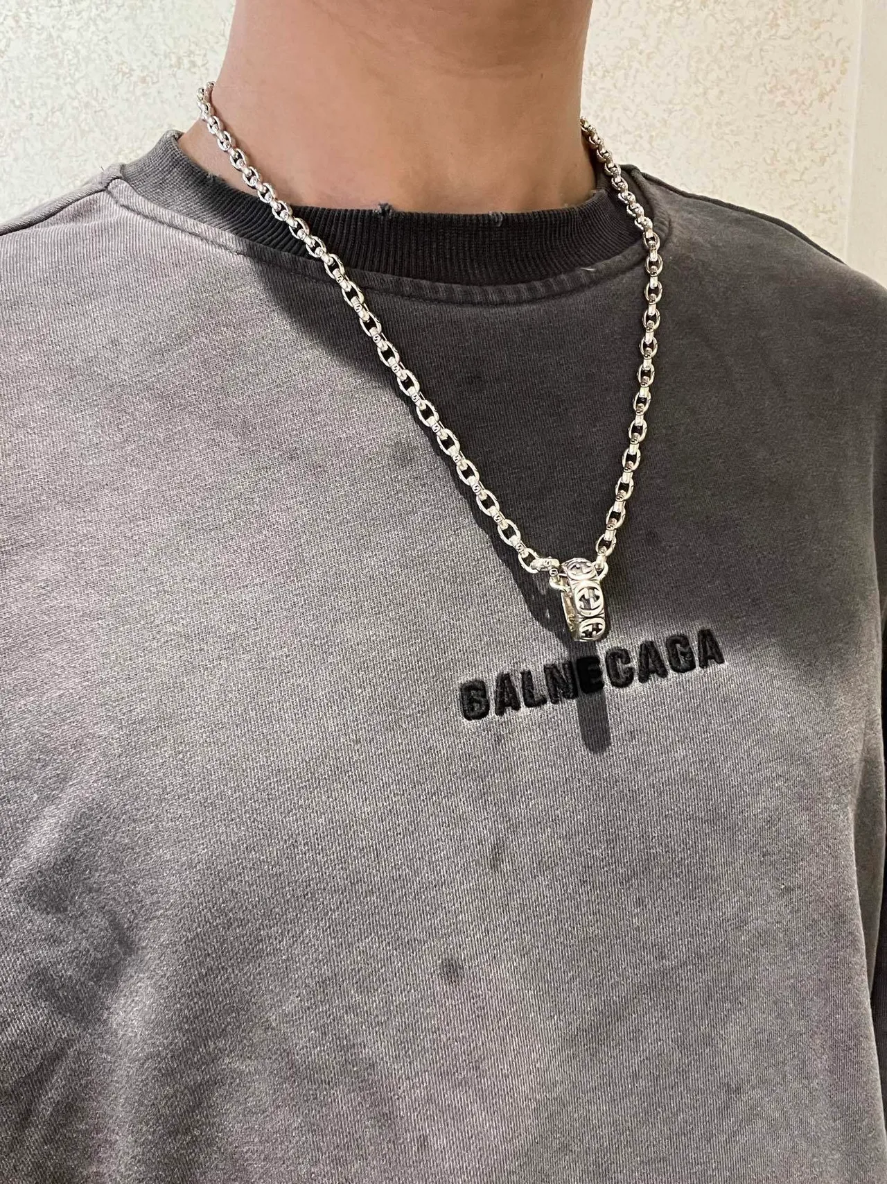 Gucci GG Silver Green Interlocking G-Link Chain Oxidized Finish Necklace 2