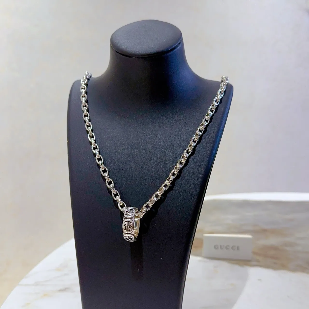 Gucci GG Silver Green Interlocking G-Link Chain Oxidized Finish Necklace 6