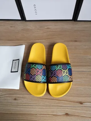 Gucci GG Strap Slide Yellow Multicolor Bright Molded Sole Interlocking Slippers 1