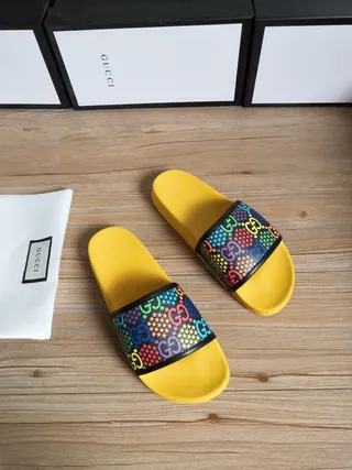 Gucci GG Strap Slide Yellow Multicolor Bright Molded Sole Interlocking Slippers 3