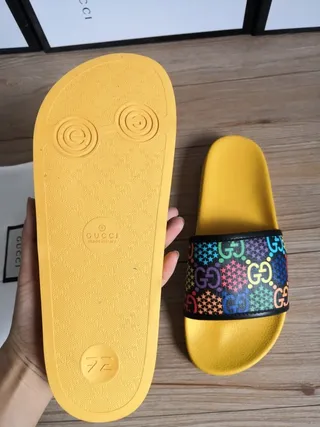 Gucci GG Strap Slide Yellow Multicolor Bright Molded Sole Interlocking Slippers 4
