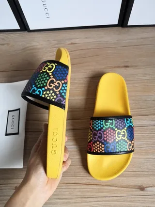 Gucci GG Strap Slide Yellow Multicolor Bright Molded Sole Interlocking Slippers 6