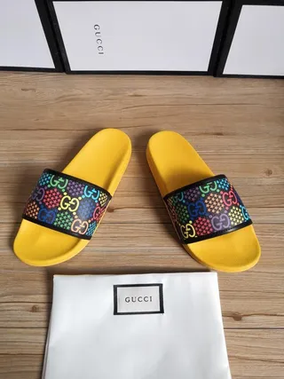 Gucci GG Strap Slide Yellow Multicolor Bright Molded Sole Interlocking Slippers 7