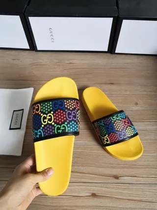 Gucci GG Strap Slide Yellow Multicolor Bright Molded Sole Interlocking Slippers 8